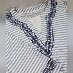 Spartina 449 Women's Shelly Blue Stripe Embroidered 3/4 Sleeve Tunic Medium